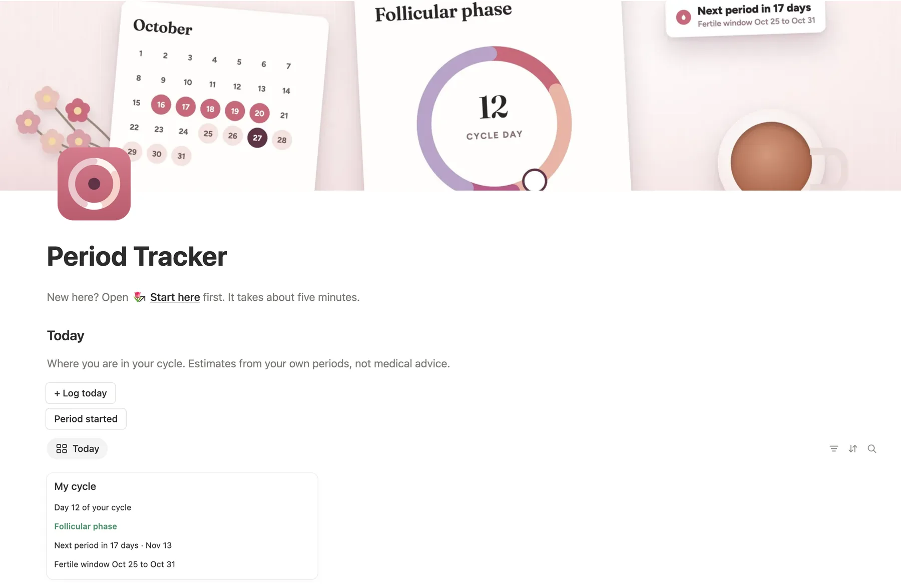 The top of the Notion period tracker template with a cycle ring on its cover, the two buttons and the Today card on day 12