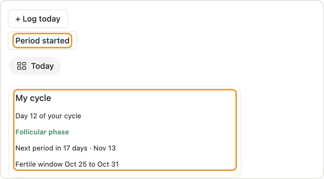 The Period started button and the My cycle card marked