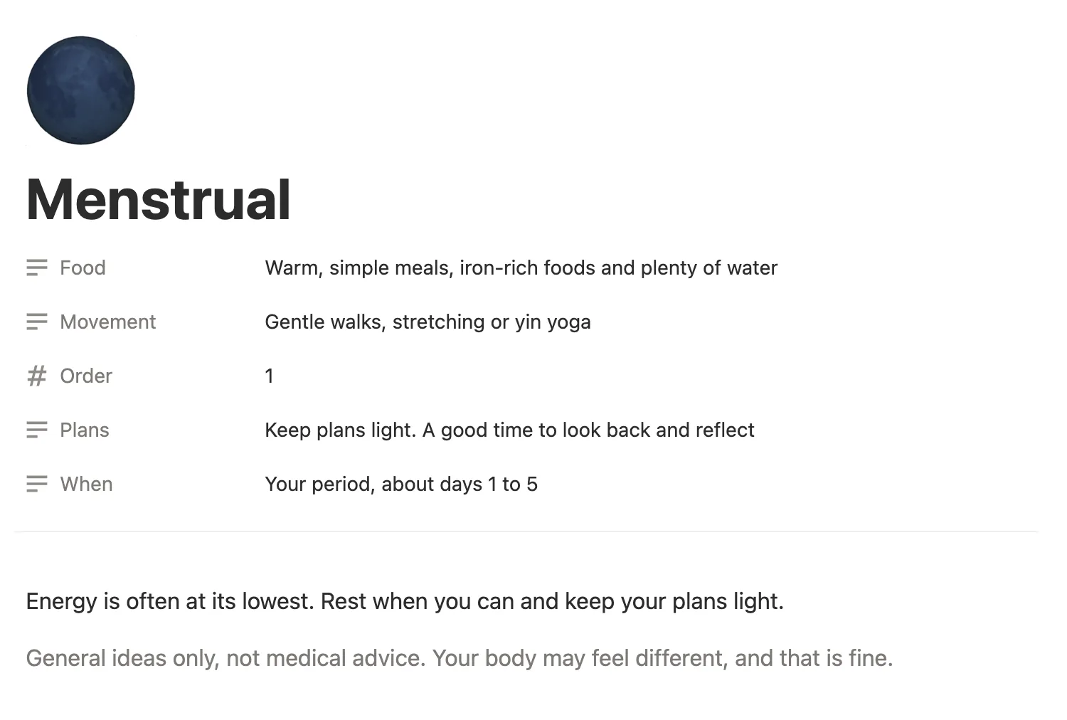 The Menstrual phase page with ideas for food, movement and plans, and a note that it isn’t medical advice
