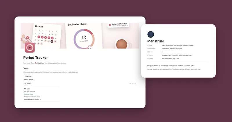 The Period Tracker main page with the Today card, next to the Menstrual phase page with ideas for food, movement and plans