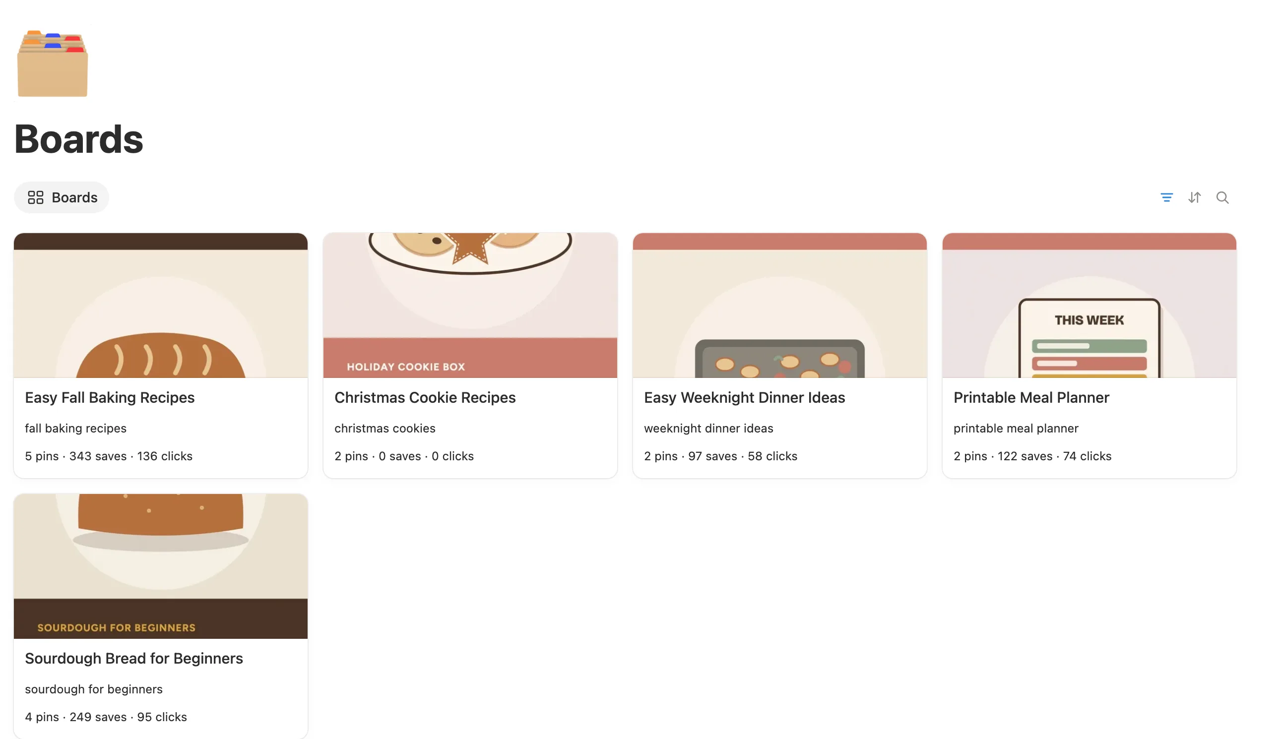 The Boards gallery with five boards, their main keywords, pins, saves and clicks