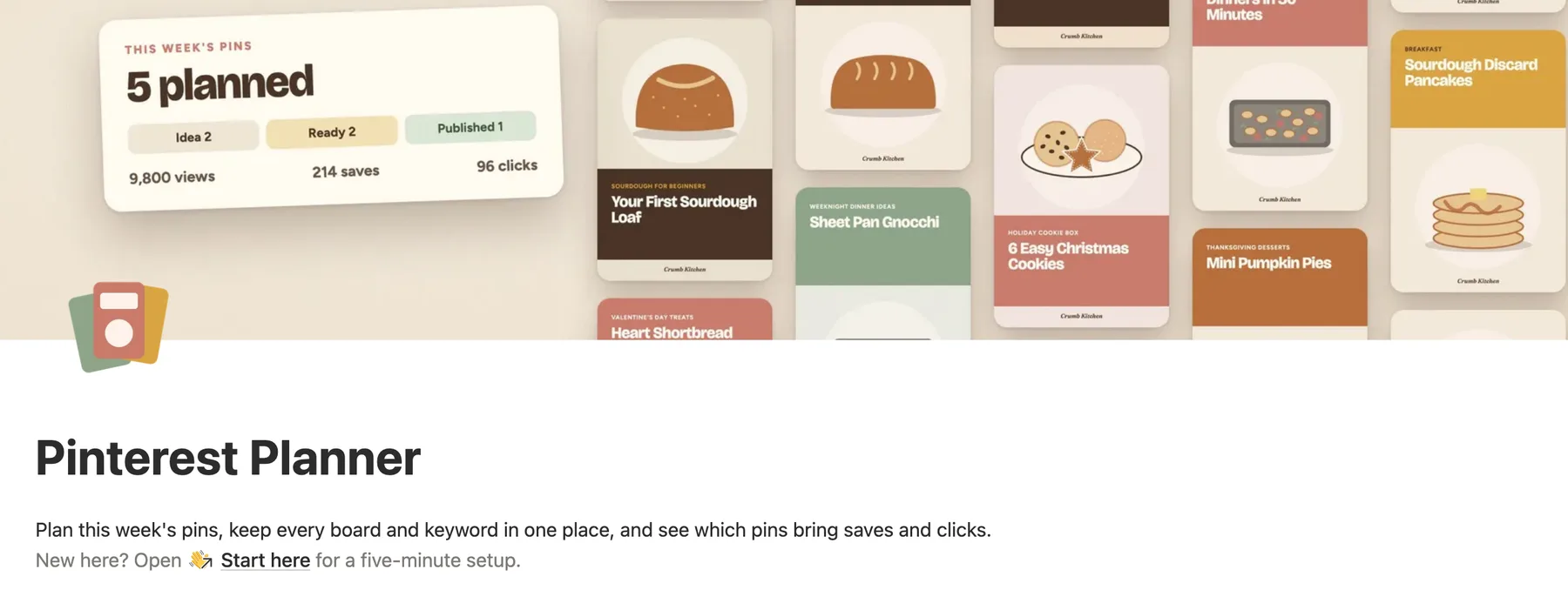 The top of the Notion Pinterest planner with a wall of sample pin cards as its cover