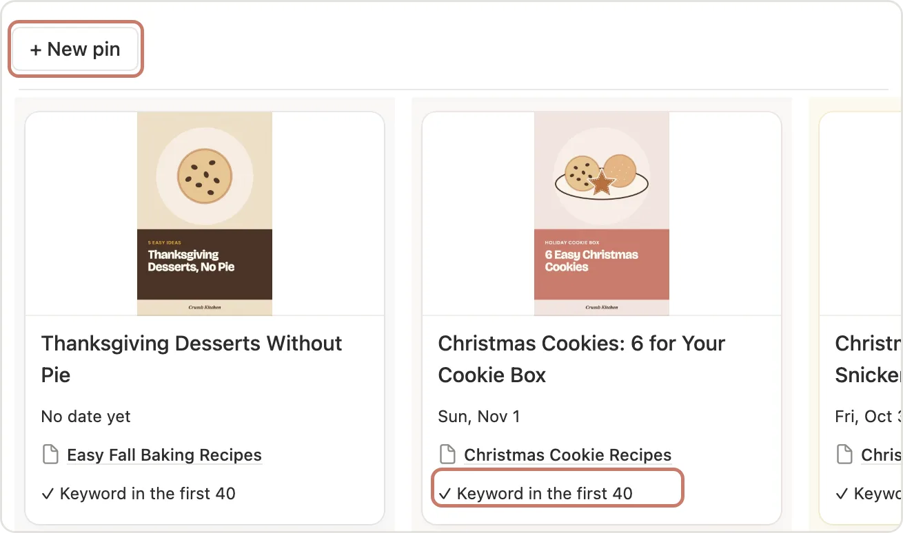 The + New pin button and a keyword check marked on the pins board