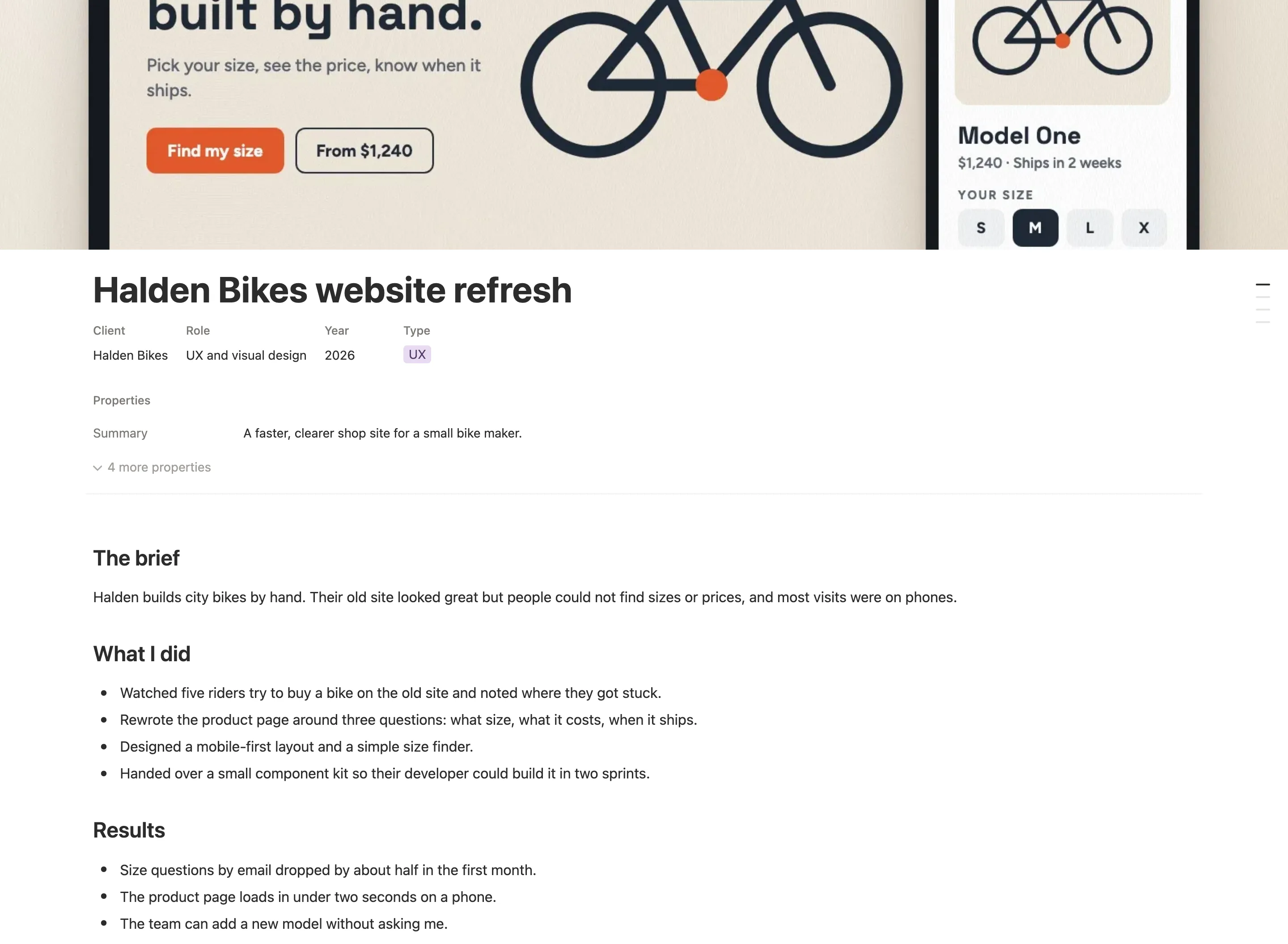 The Halden Bikes case study with client, role, year and type, then The brief, What I did and Results