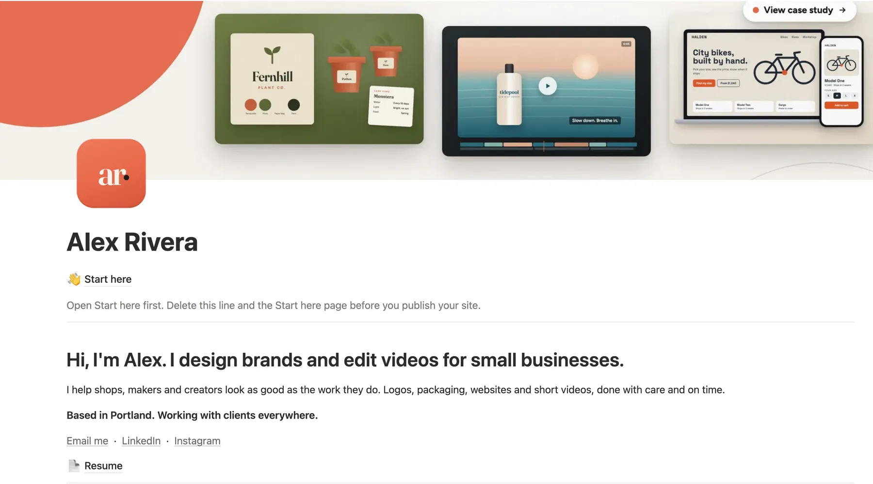 Top of the Notion portfolio template: a cover with three project screens, the name, the hello line, the links and Resume