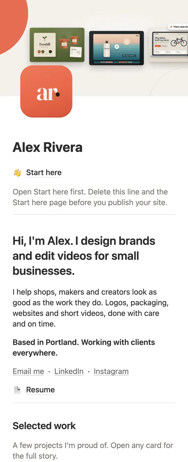 The Alex Rivera portfolio as a published site on a phone