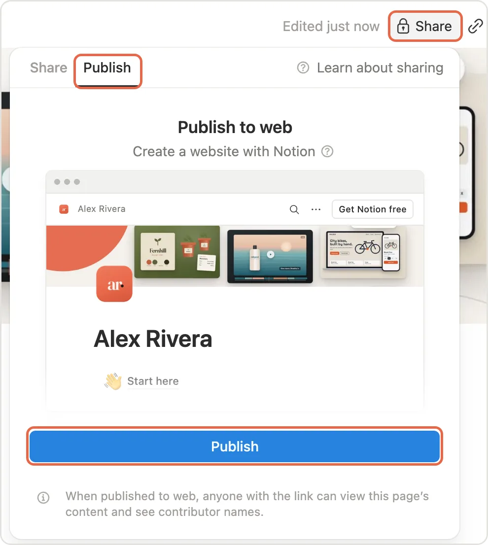 Share, the Publish tab and the blue Publish button marked