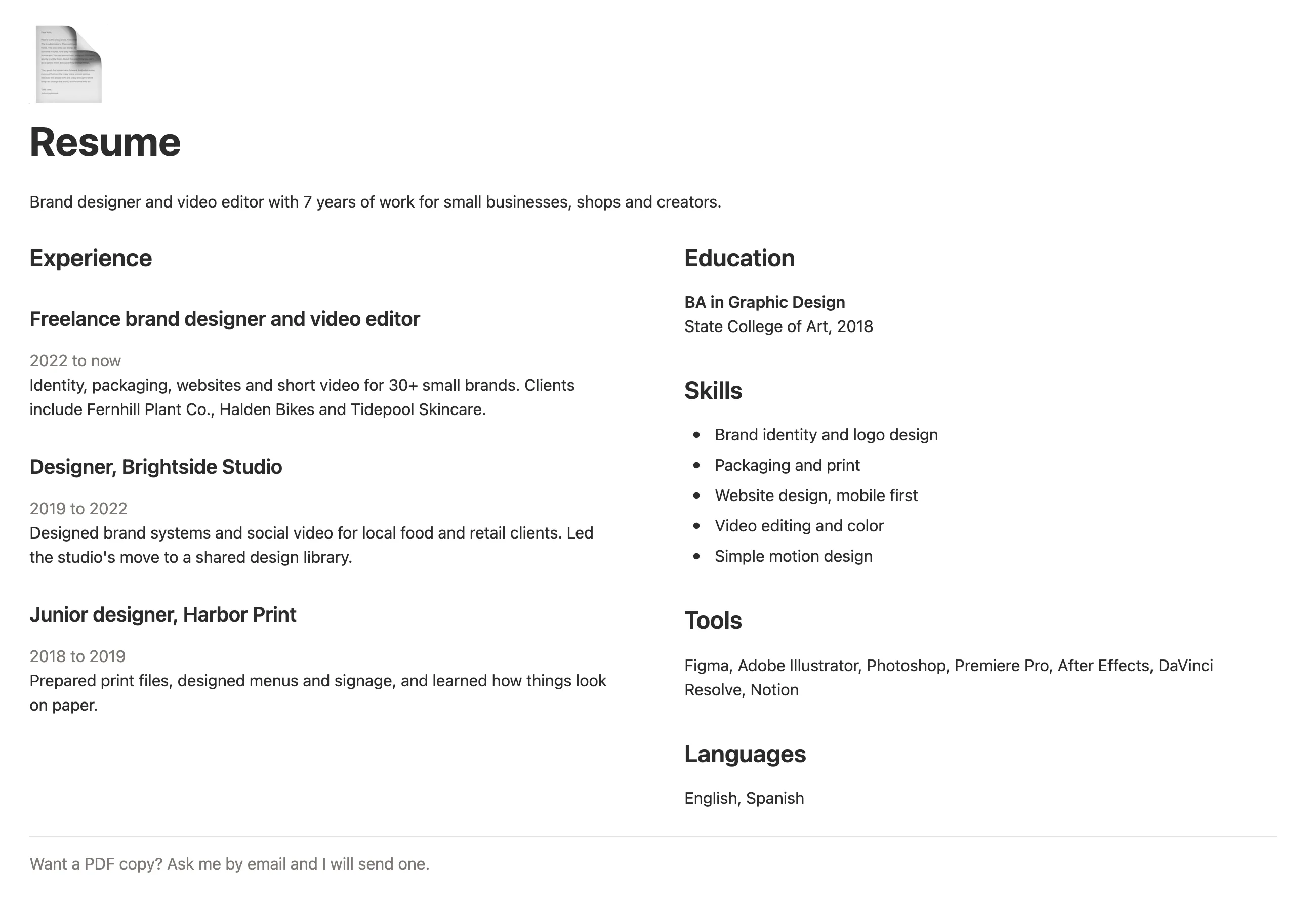 The Resume page with experience on the left and education, skills, tools and languages on the right