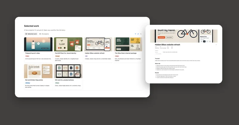 Selected work with six project cards in the Portfolio template, next to the Halden Bikes case study