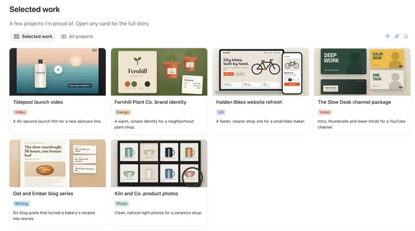 Selected work with six project cards, from a launch video and a brand identity to a blog series and product photos