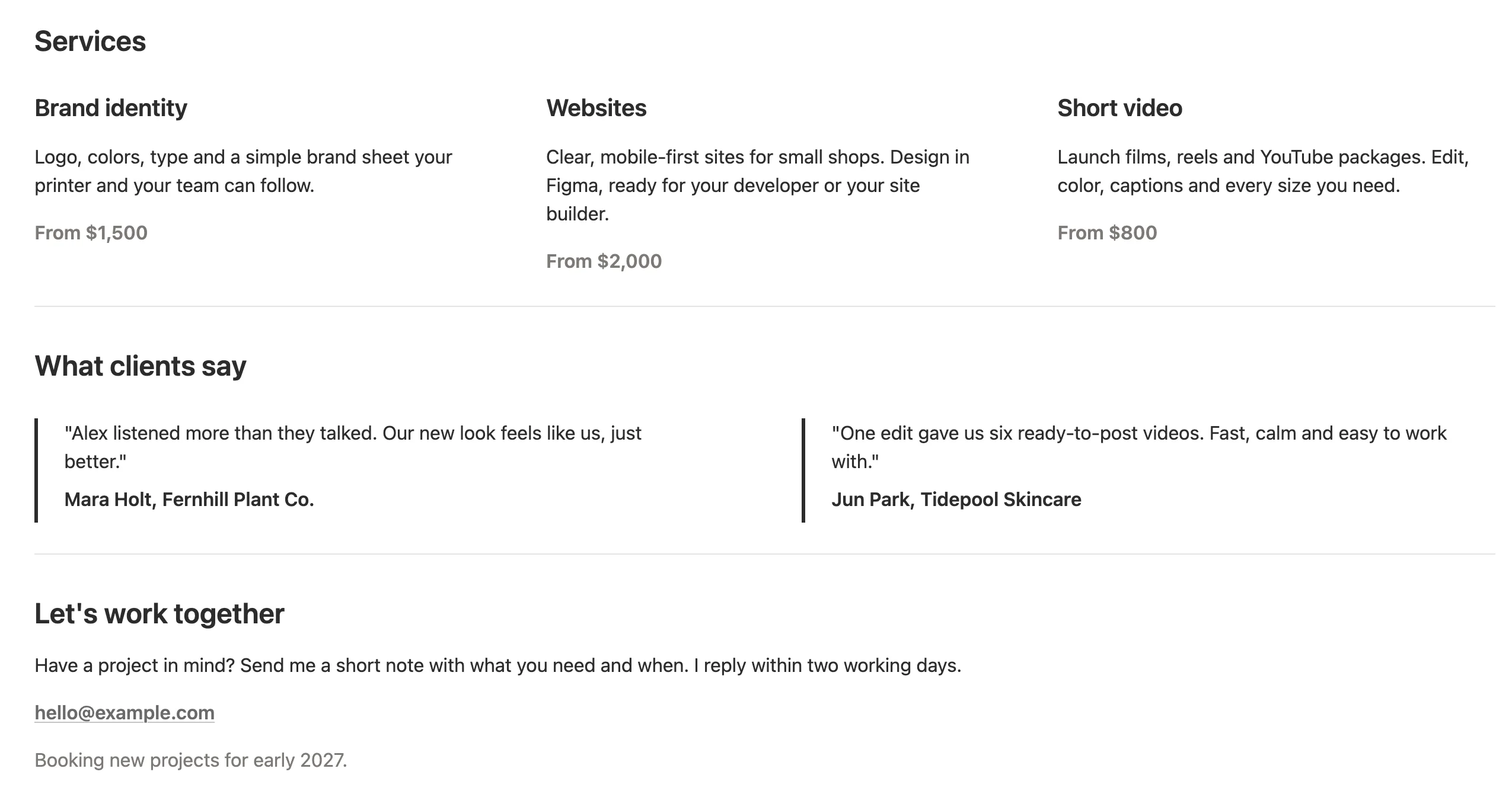 Three services with starting prices, two client quotes and the Let’s work together note
