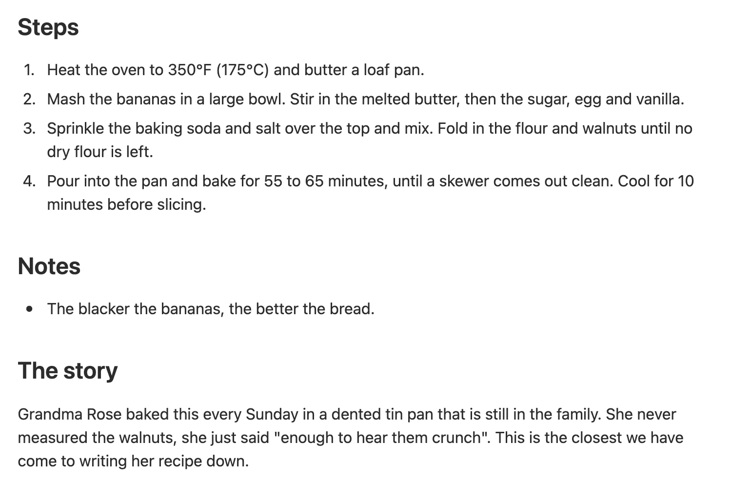 The steps, notes and family story on the Grandma Rose’s Banana Bread page