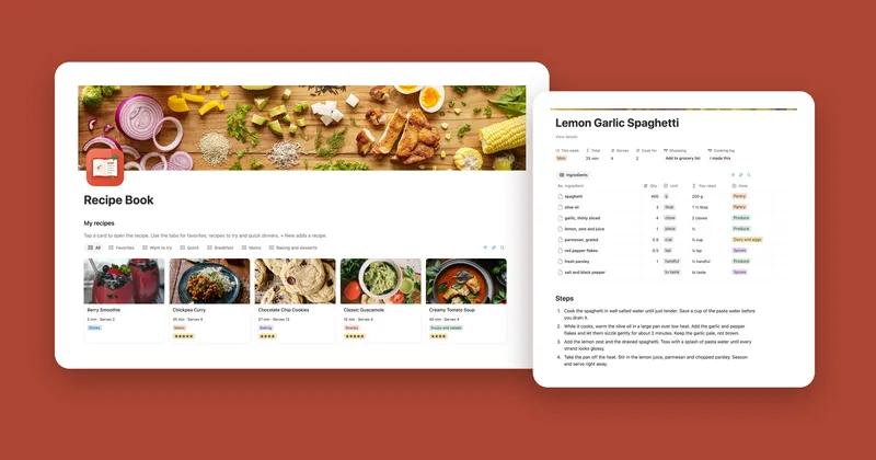 The Recipe Book main page with real food photos, next to the Lemon Garlic Spaghetti page and its ingredients