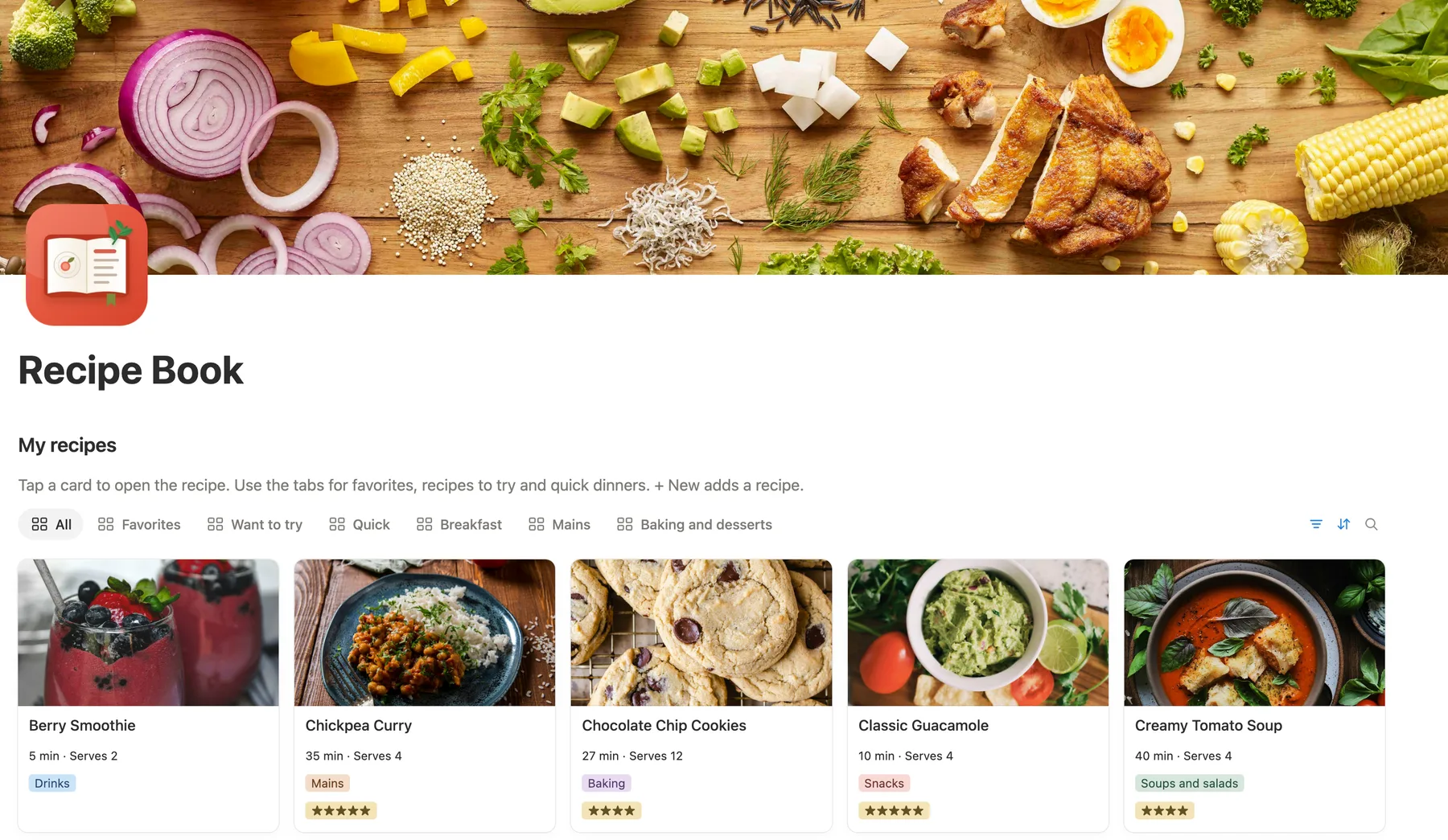 The main page of the Notion recipe template: a food photo cover and recipe cards with real photos