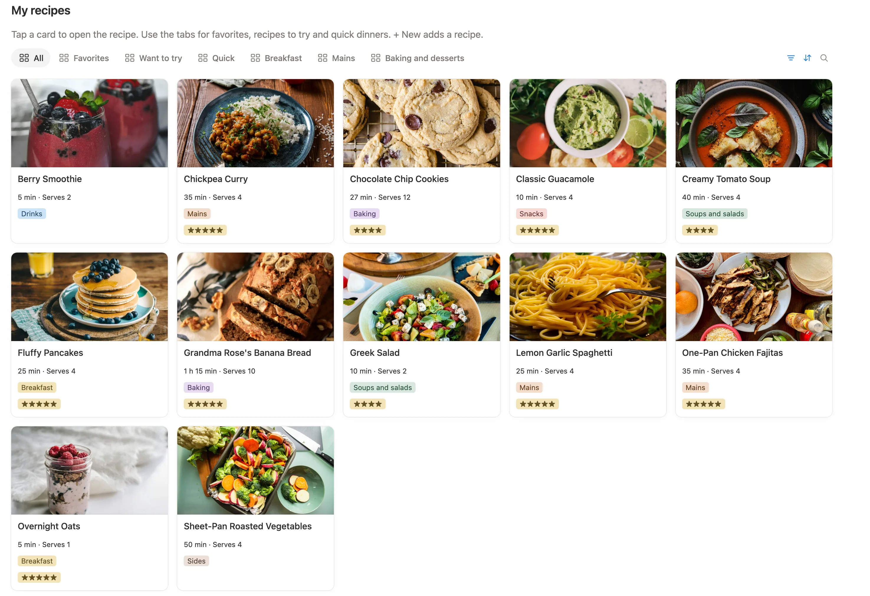 Twelve recipe cards with food photos, cooking times, servings, courses and stars, under tabs like Favorites and Quick