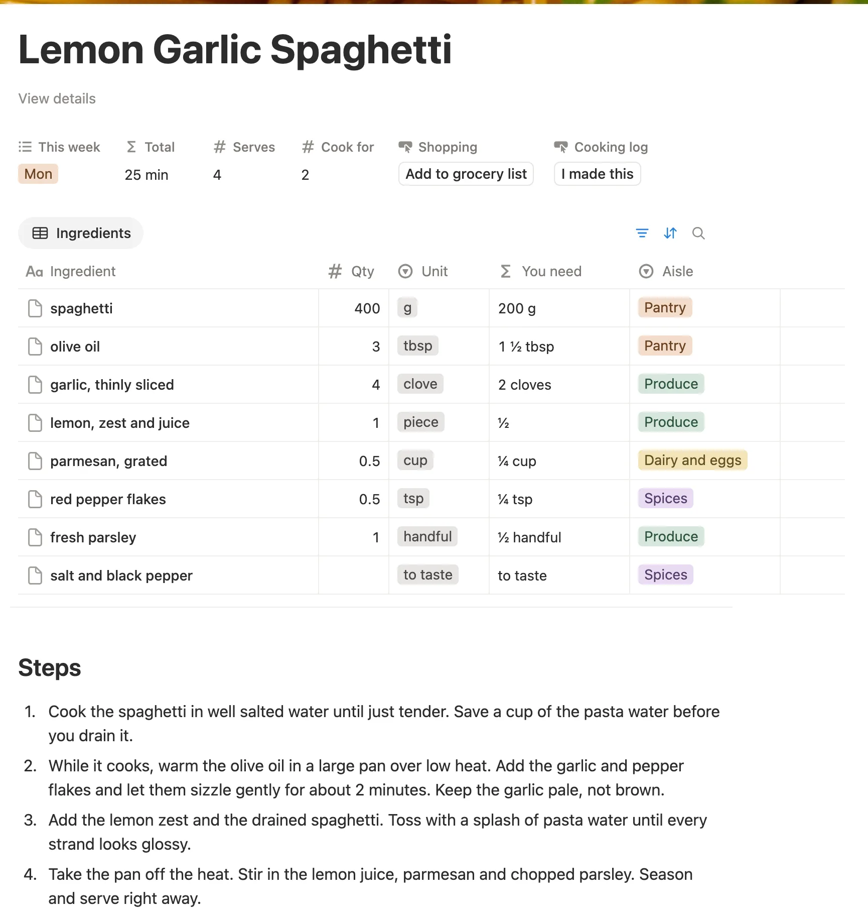 Lemon Garlic Spaghetti page: Serves 4, Cook for 2, and an ingredients table where 400 g of spaghetti becomes 200 g