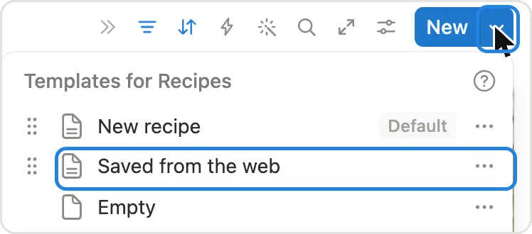 The arrow next to New open on Templates for Recipes, with Saved from the web