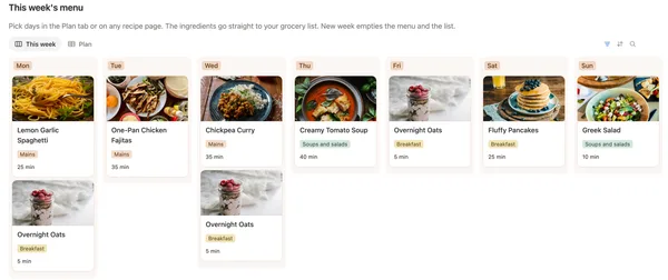 This week’s menu from Monday to Sunday, with a recipe photo under each day