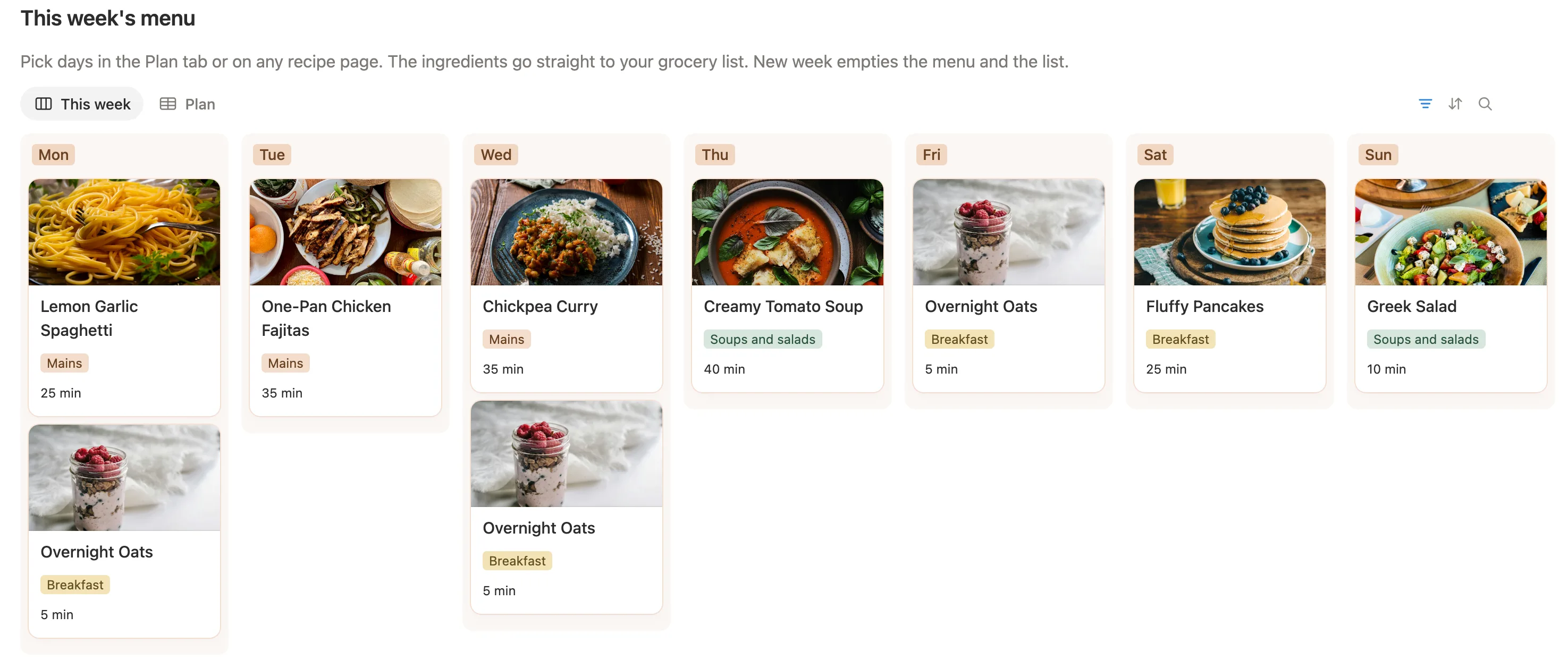 This week’s menu with a photo card under each day, from Lemon Garlic Spaghetti on Monday to Greek Salad on Sunday