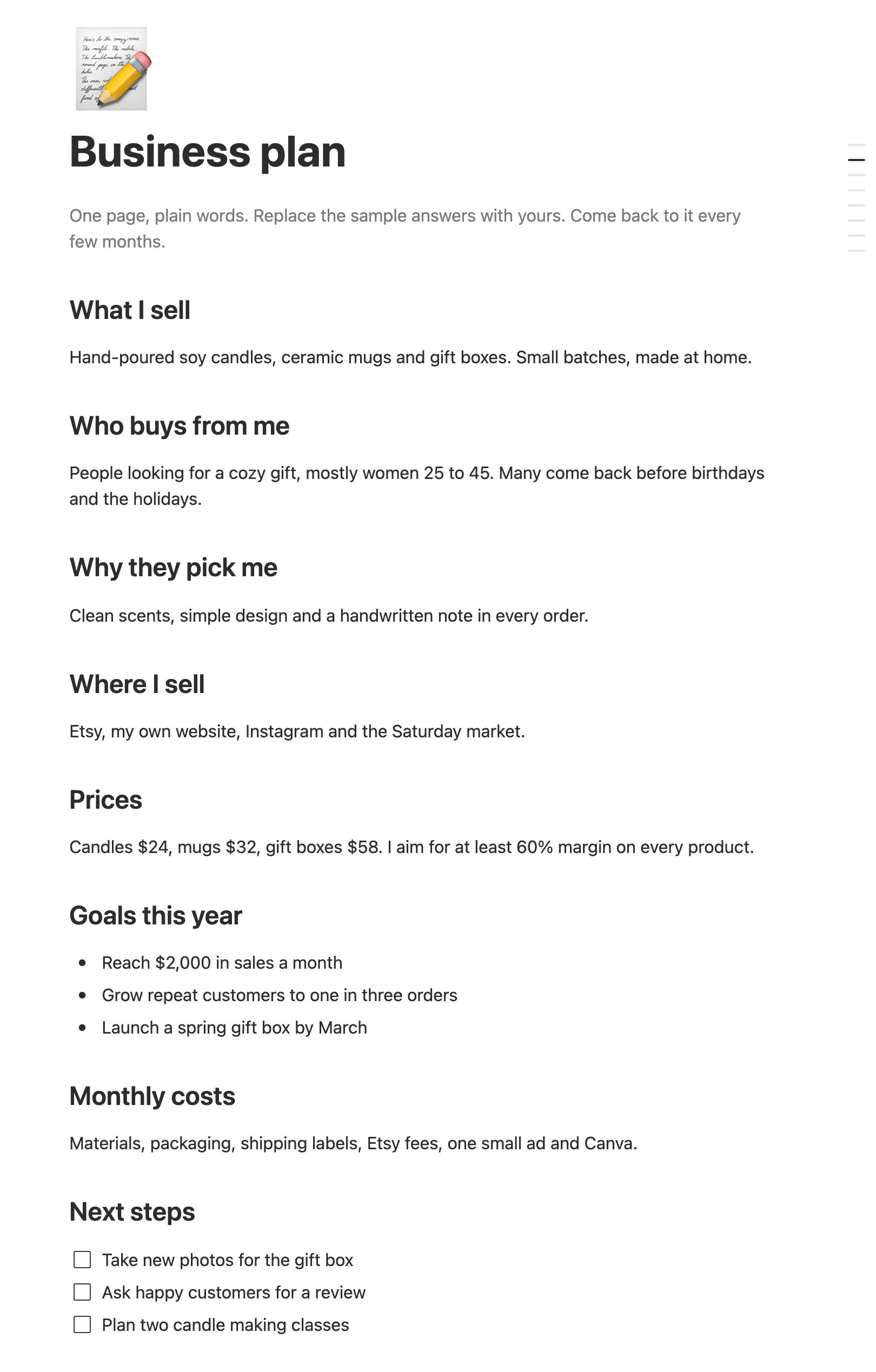 The one-page Business plan for the sample candle shop, from What I sell to Next steps
