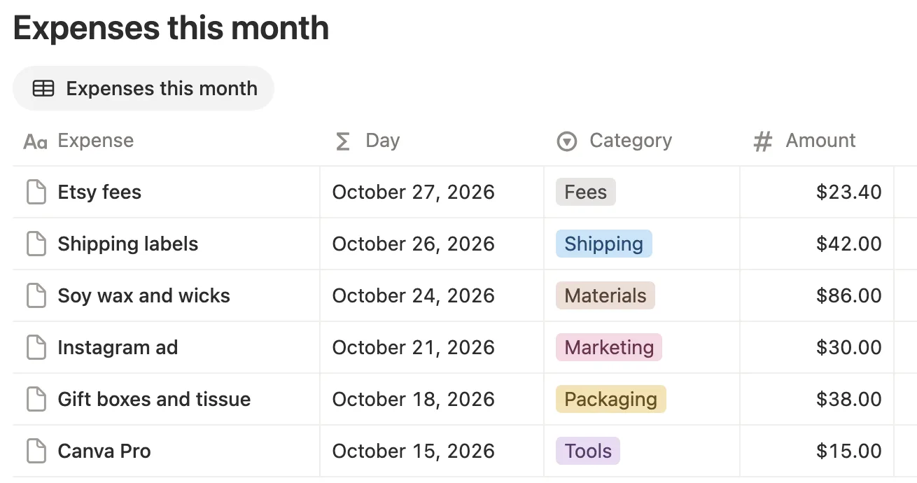 Six expenses this month, from Etsy fees to Canva Pro, each with a day, category and amount