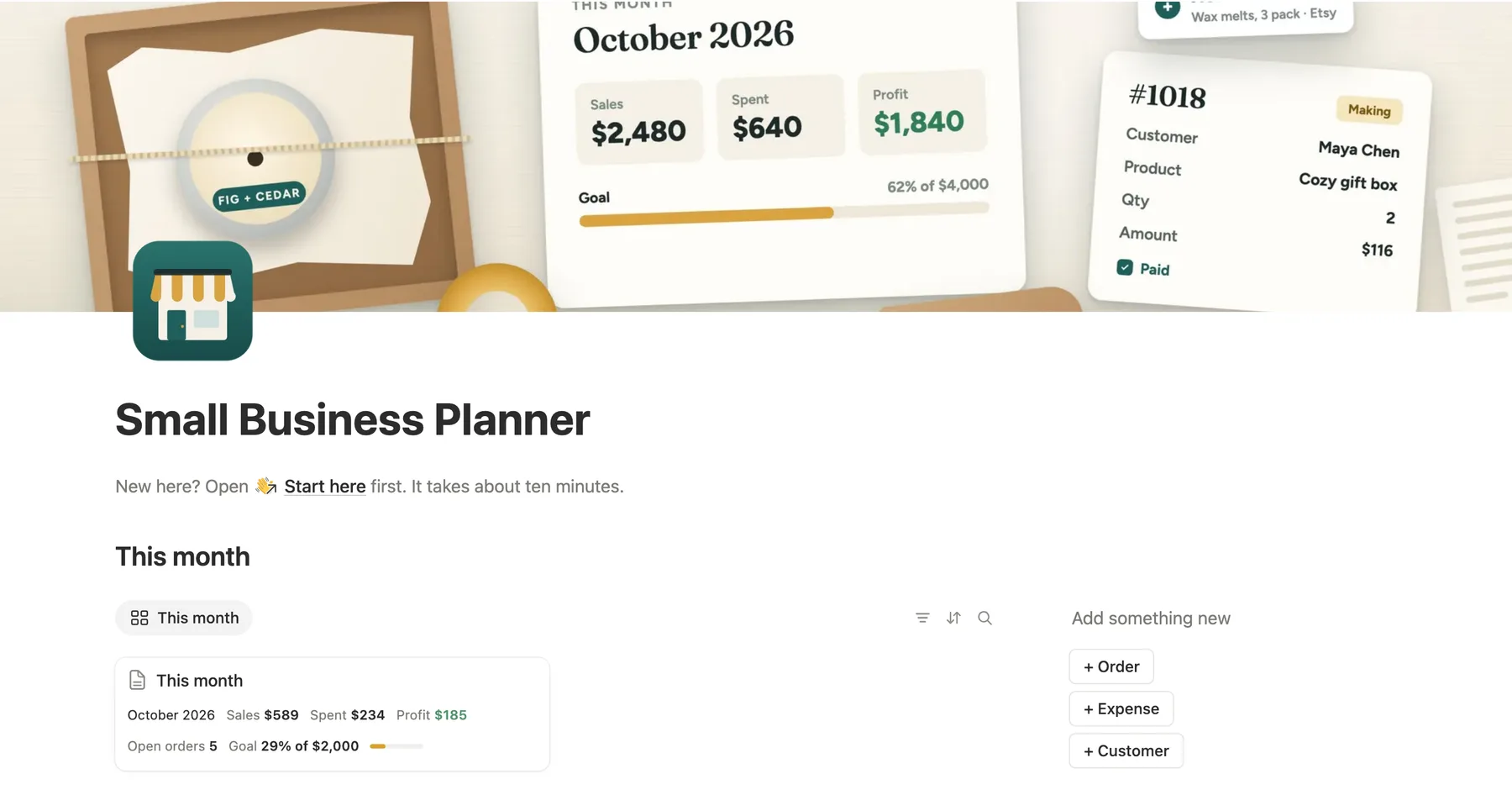 Top of the Notion small business planner template: a packing table on its cover, the This month card and the + Order, + Expense, + Customer buttons
