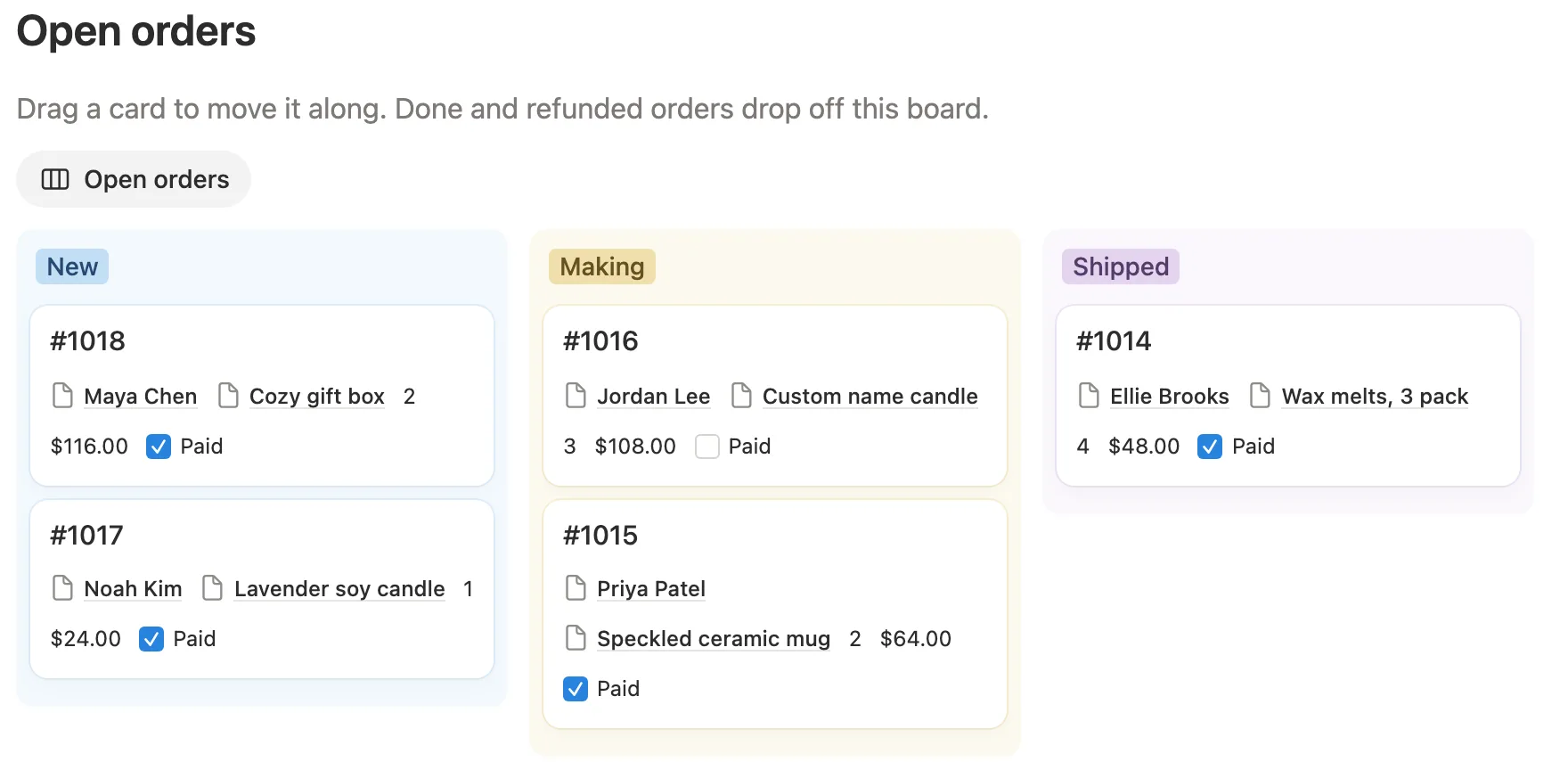 The Open orders board with two New orders, two in Making and one Shipped