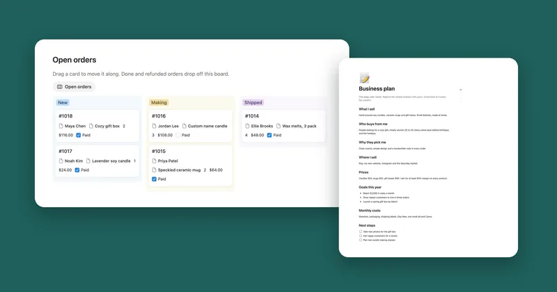 The Open orders board of the Small Business Planner, next to the one-page Business plan for a sample candle shop