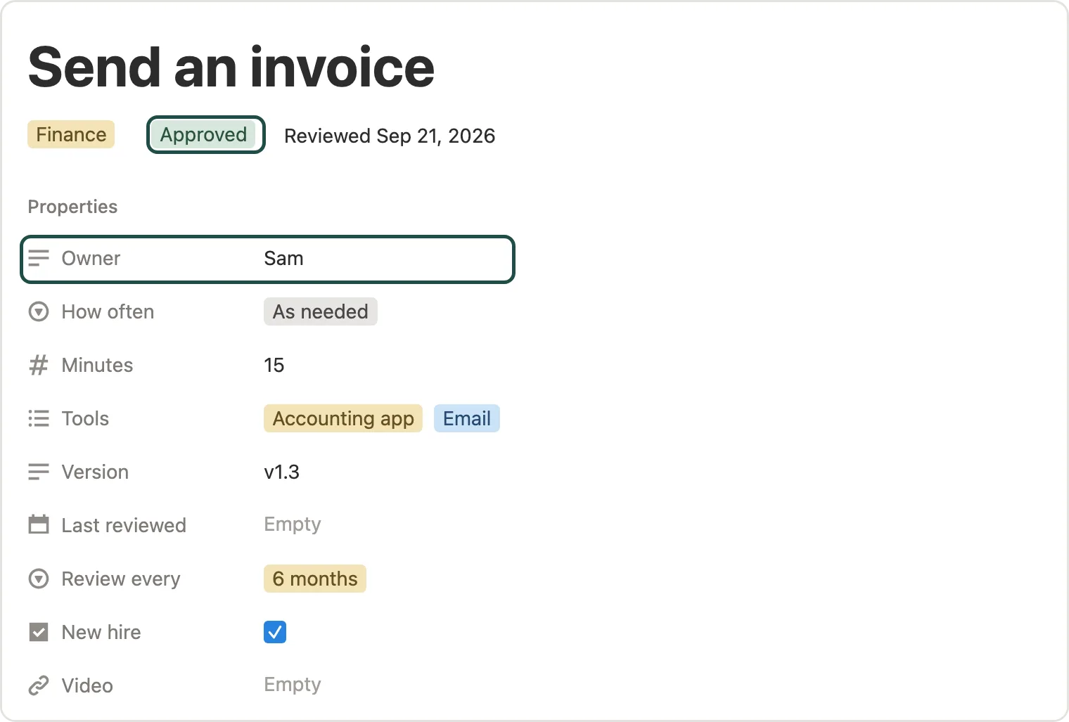 The owner and Approved status marked on the Send an invoice SOP