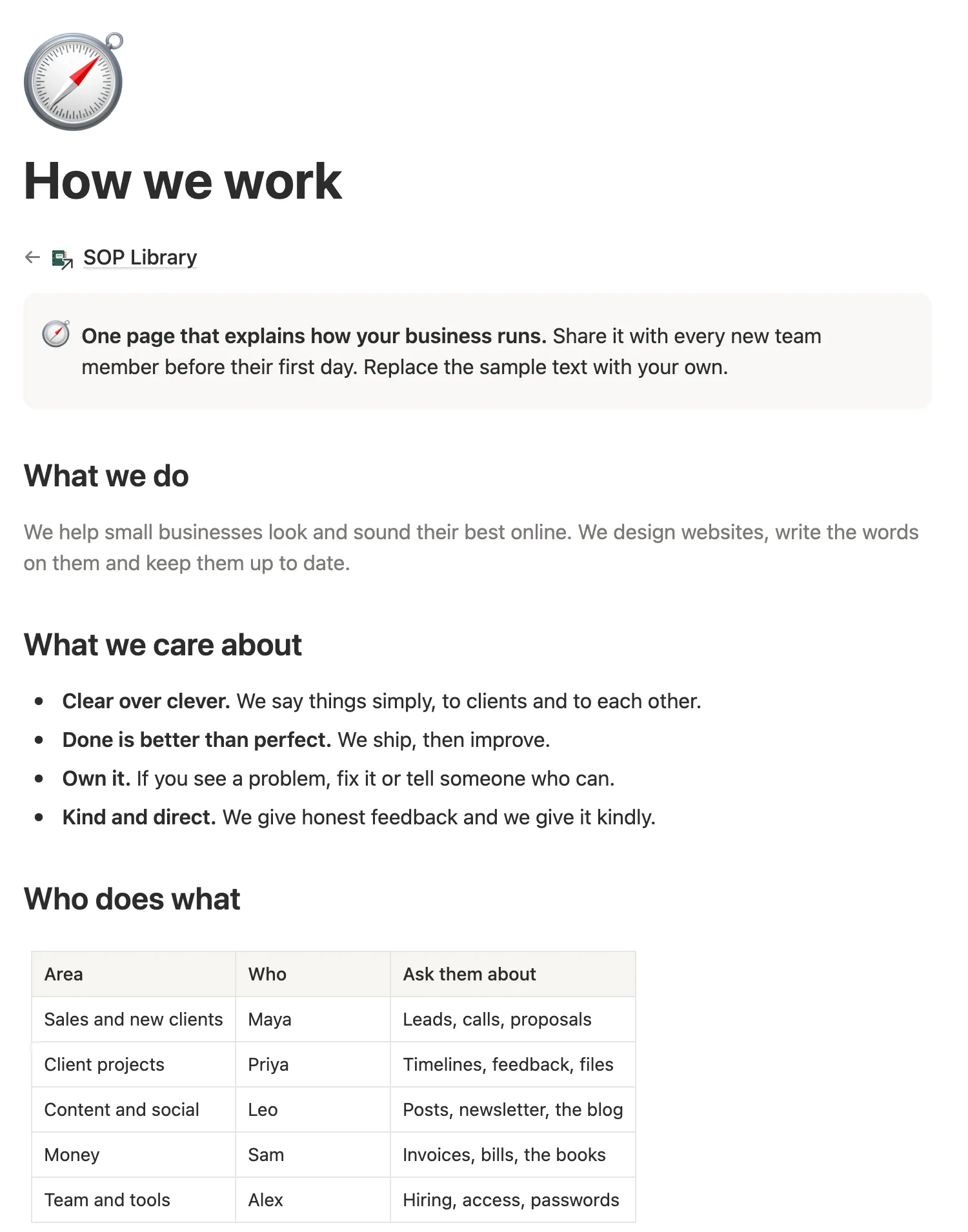 The How we work page with what the business does, its values and who does what