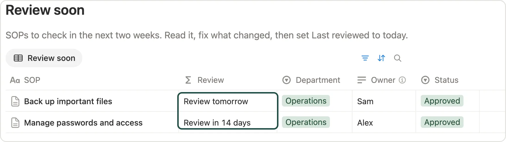 The Review column marked in Review soon