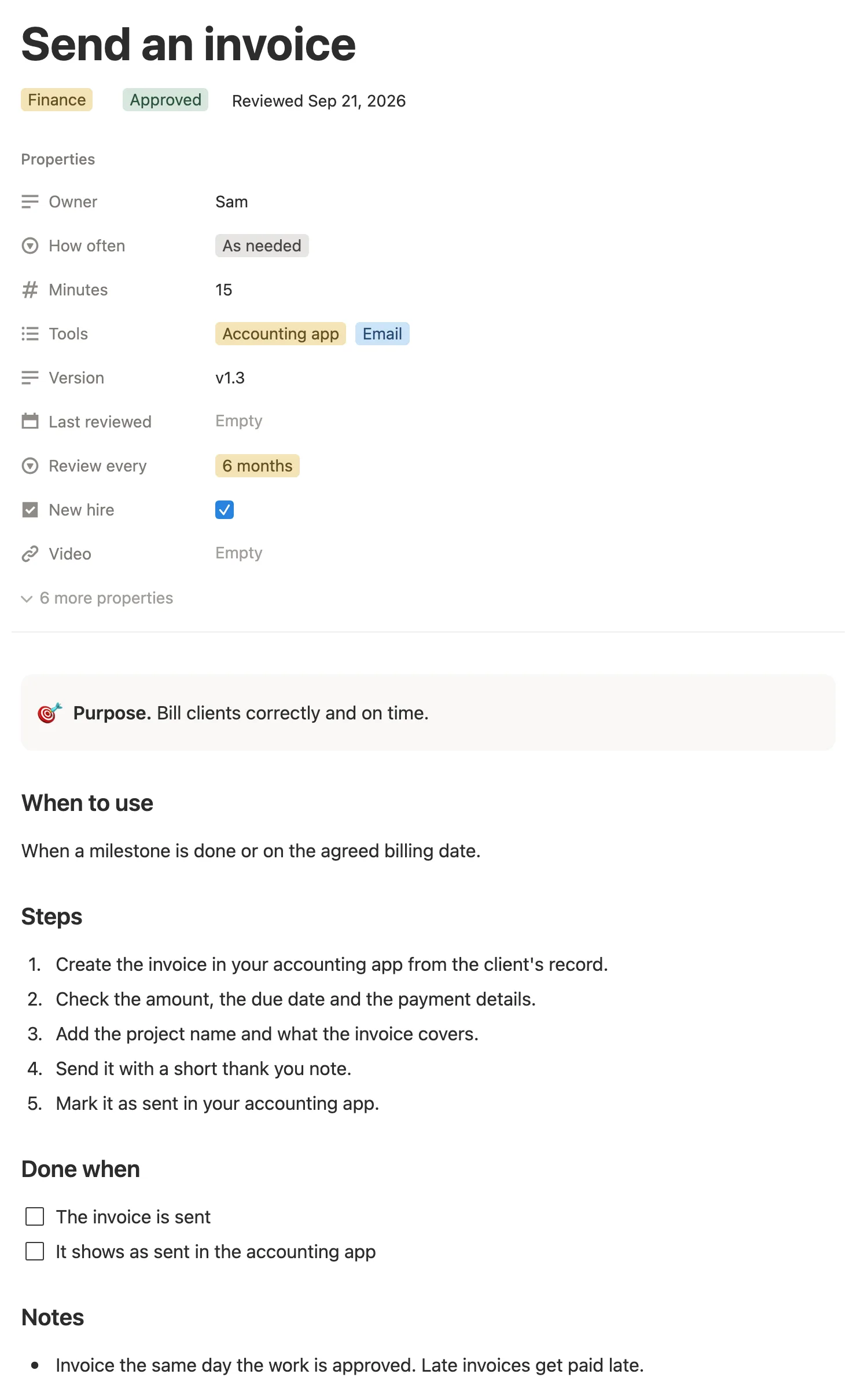 The Send an invoice SOP with its owner, tools, review dates, purpose, five steps and what done means