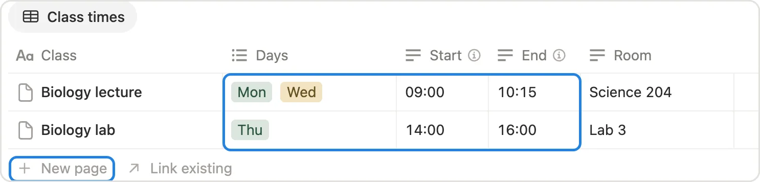 The Class times table on a course page with Days, Start and End
