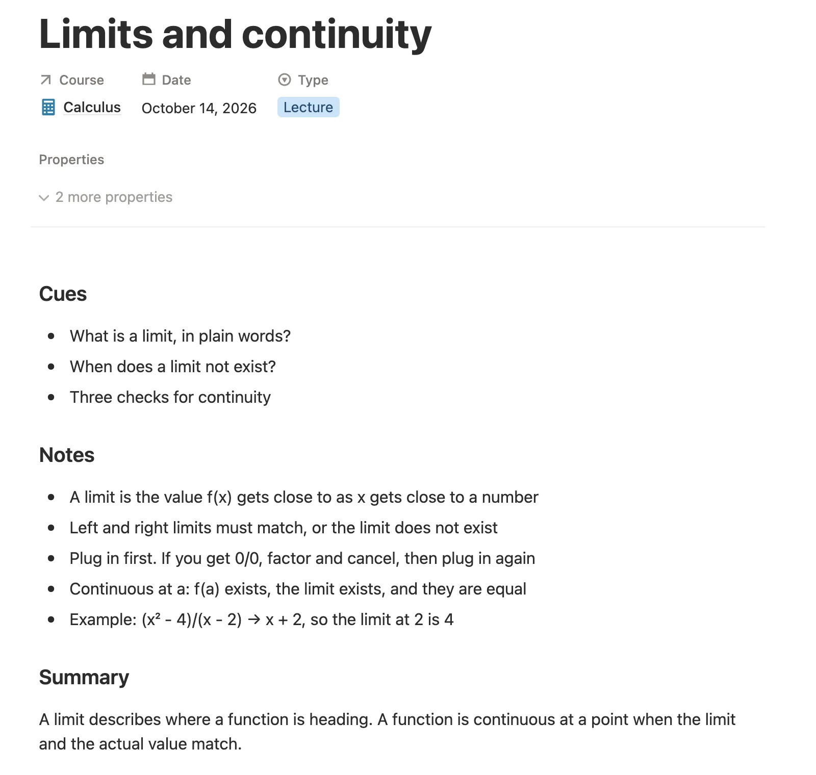 A Cornell class note on limits and continuity with Cues, Notes and Summary sections