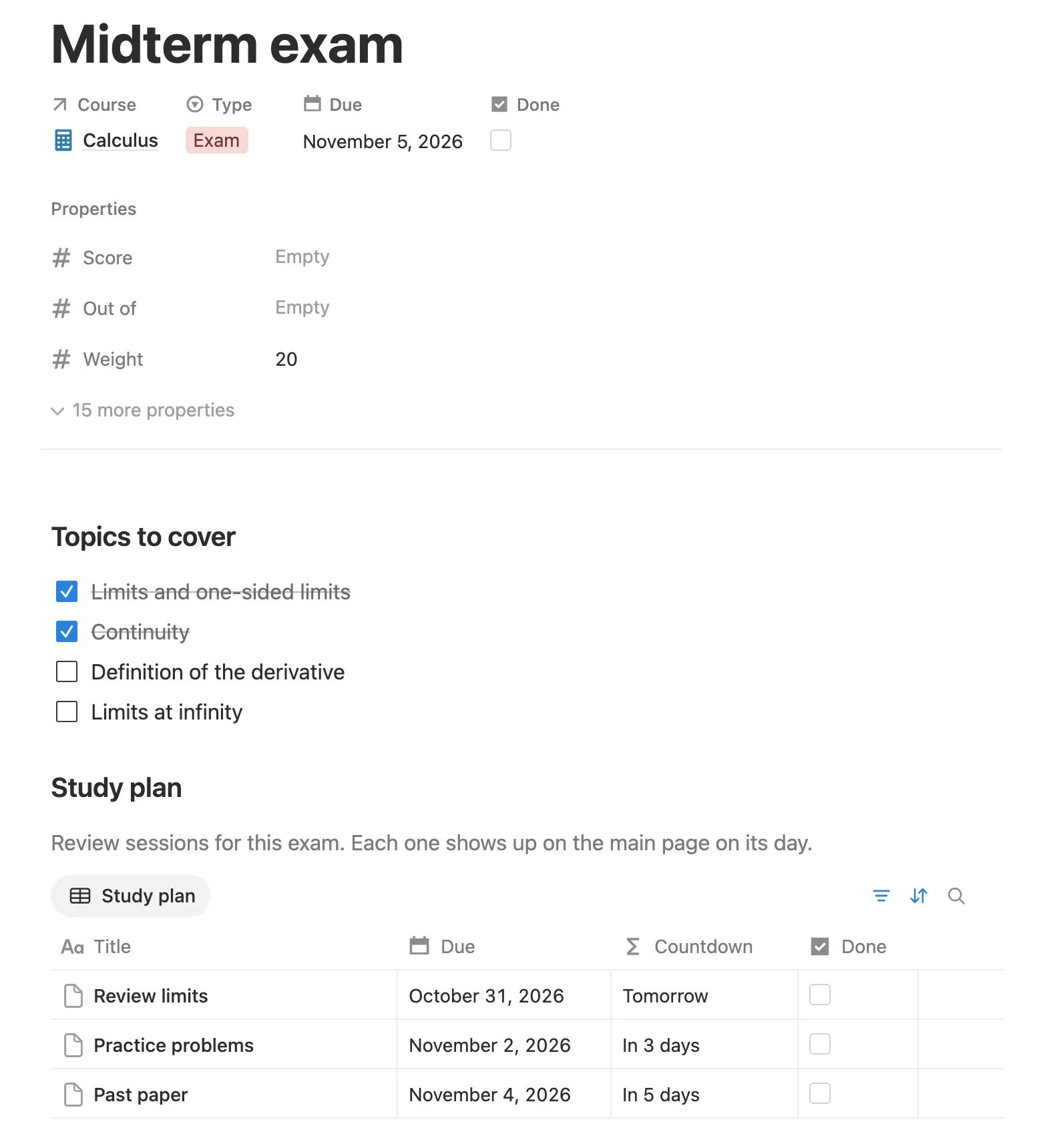A midterm exam page with Score, Weight, a Topics to cover checklist and three study plan sessions