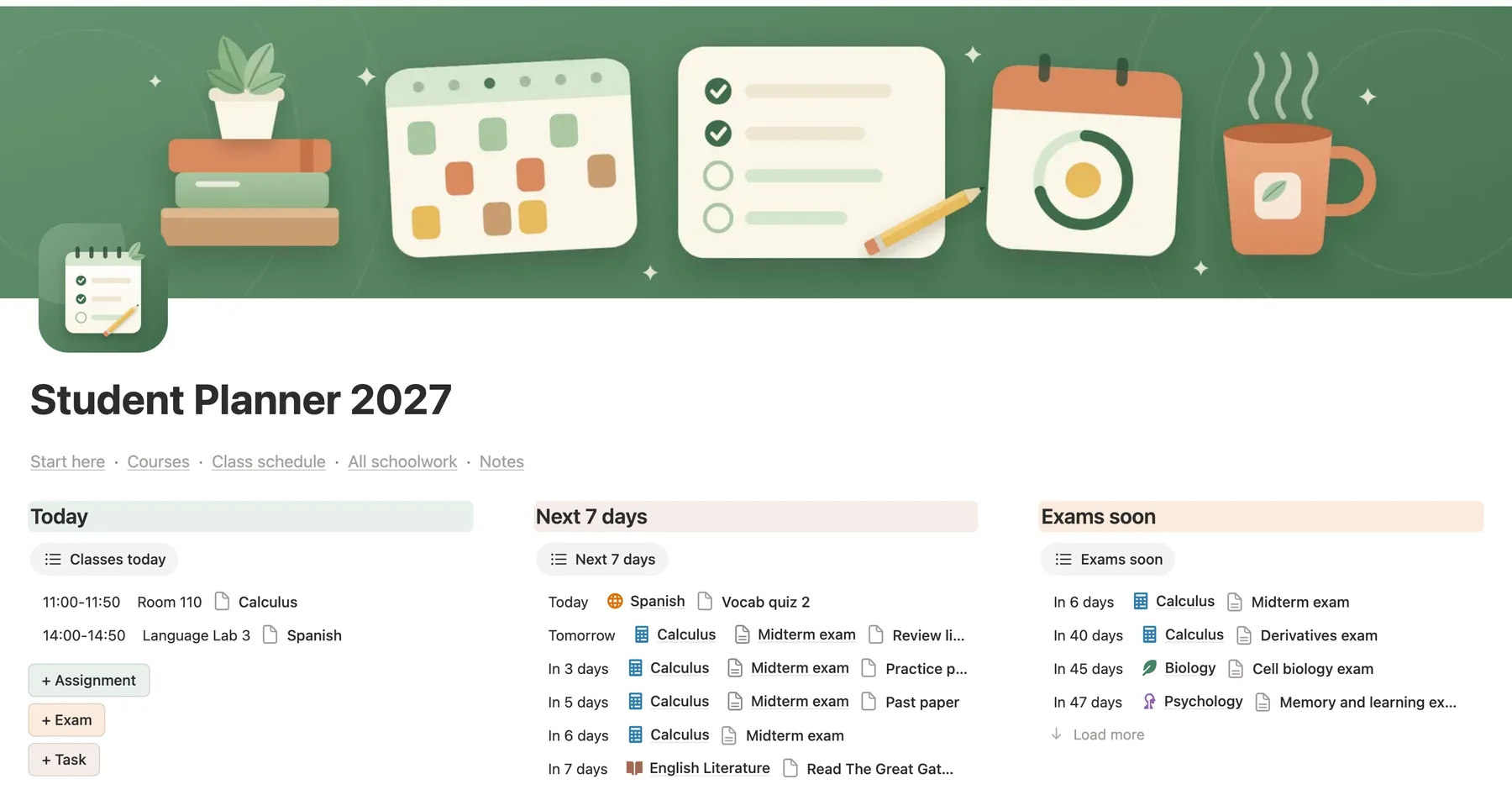 The main page of the Notion student planner: a green cover, Today, Next 7 days and Exams soon