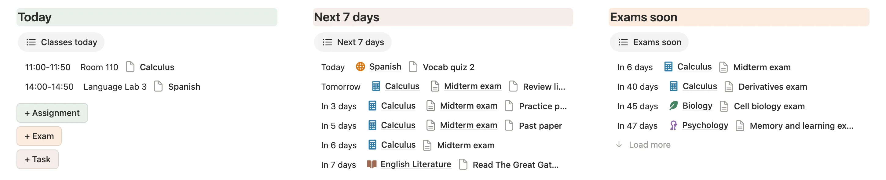 Today with two classes and the add buttons, Next 7 days with countdowns, and Exams soon with days left