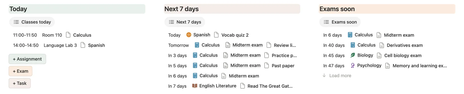 Today with two classes, Next 7 days with due dates and countdowns, and Exams soon with days left