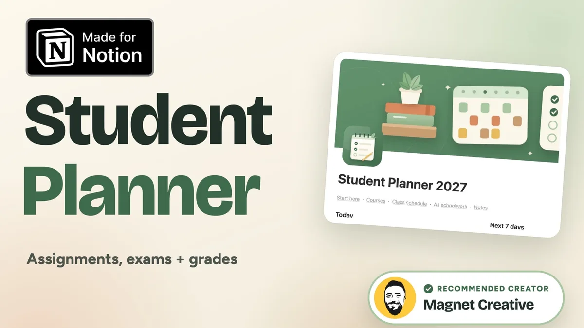 Cover of the 55 second video tour of the Student Planner for Notion