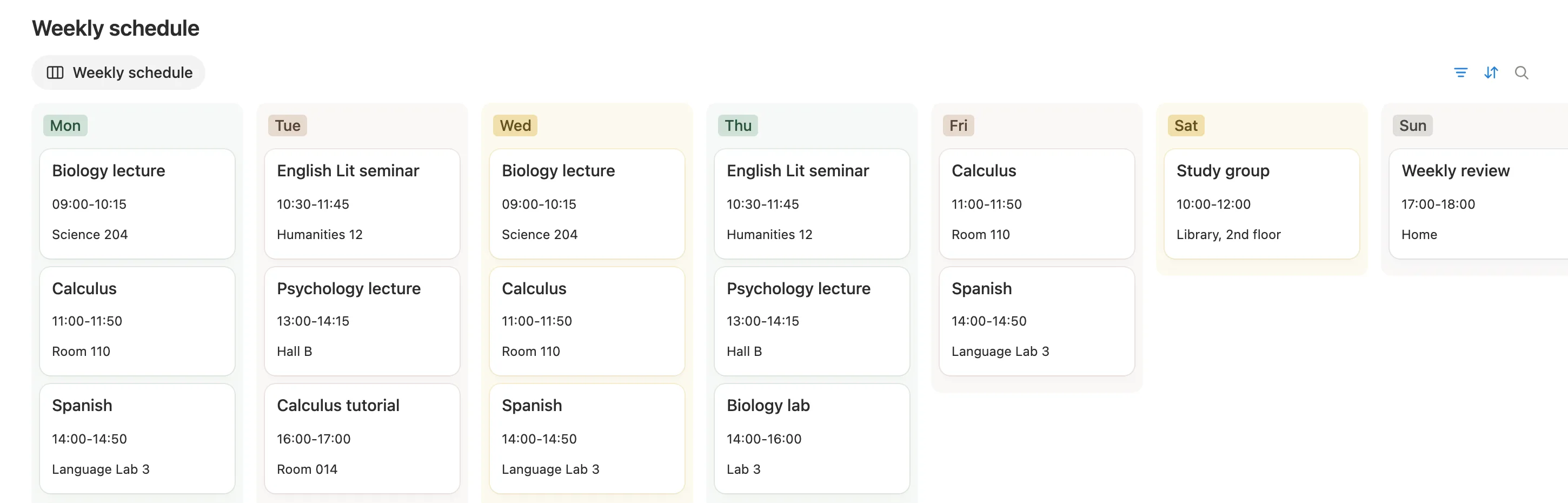 The weekly schedule board from Monday to Sunday with each class, its time and its room
