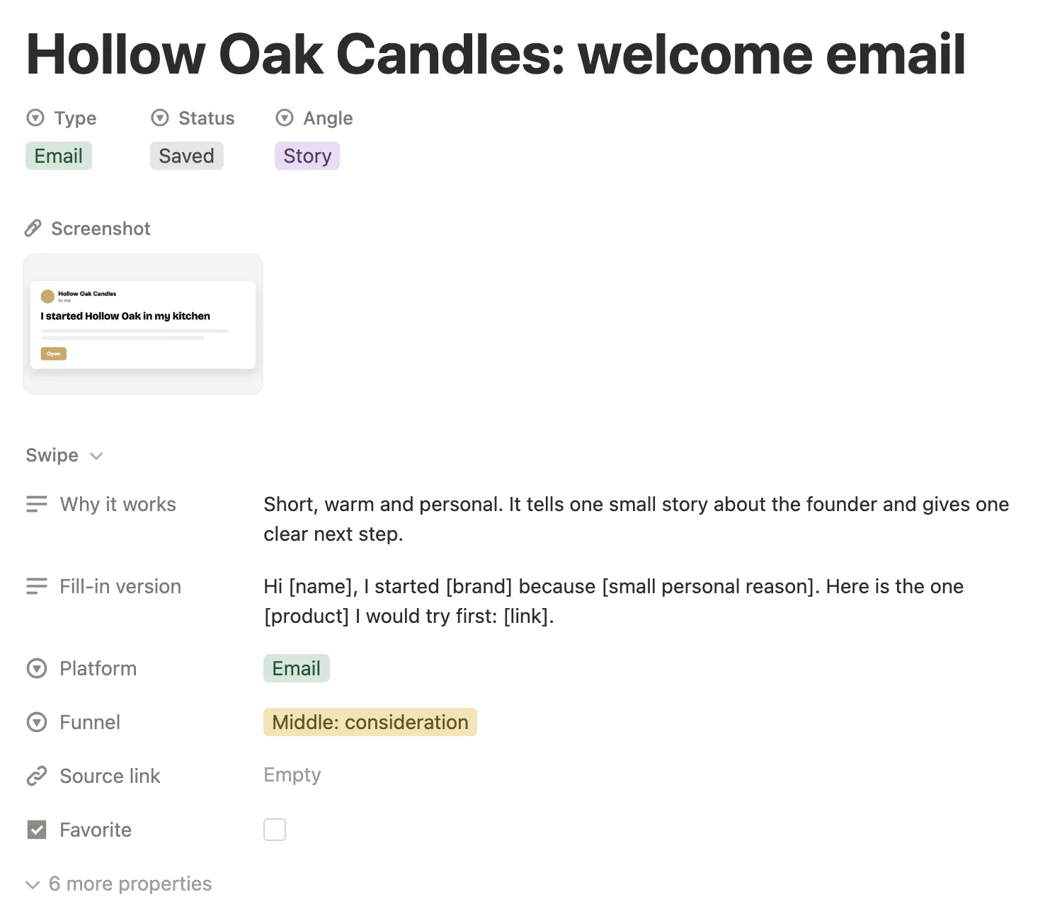 A Hollow Oak Candles welcome email with why it works and the fill-in version