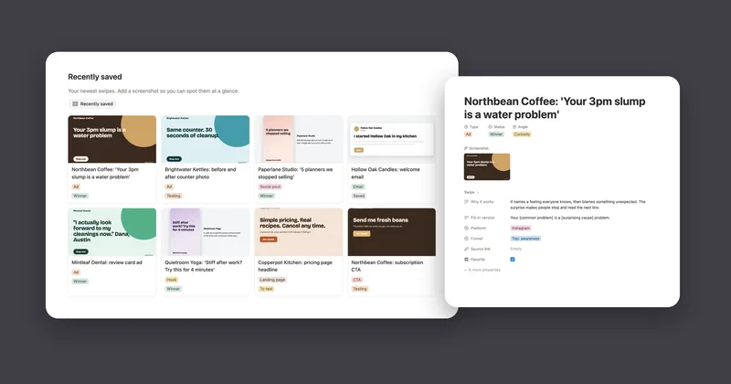 Recently saved swipes from made-up brands next to a coffee ad page with why it works