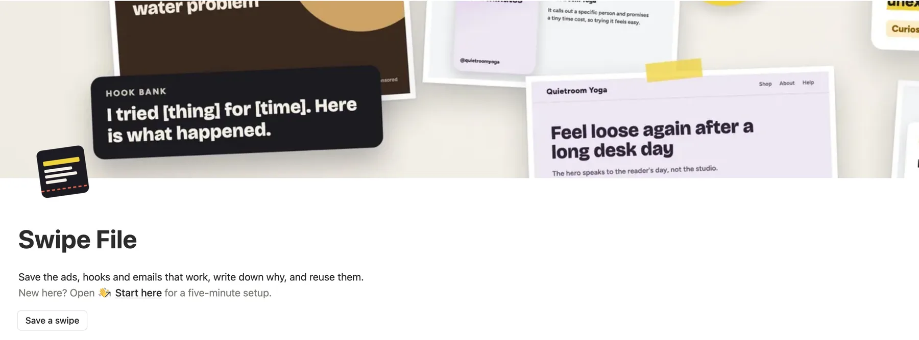 The top of the Notion swipe file with clipped ads and a fill-in hook on its cover