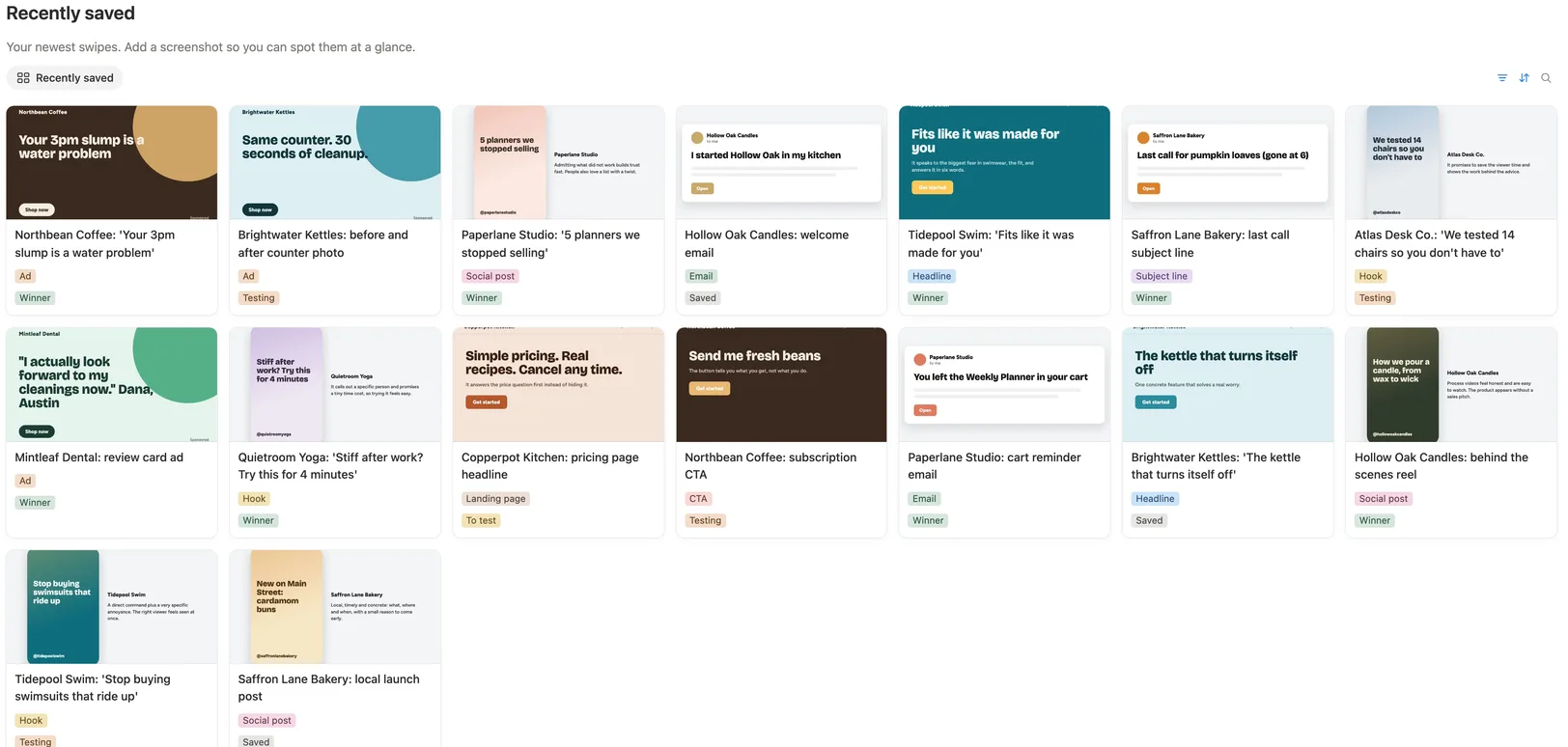 Recently saved with a picture of every swipe, its type and its status