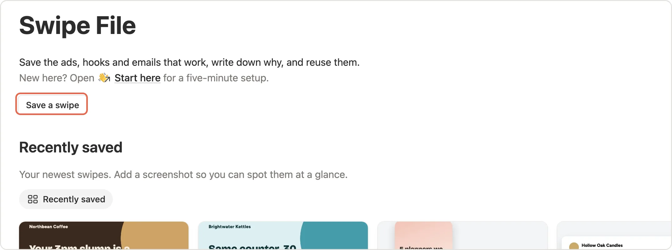 The Save a swipe button marked on the main page