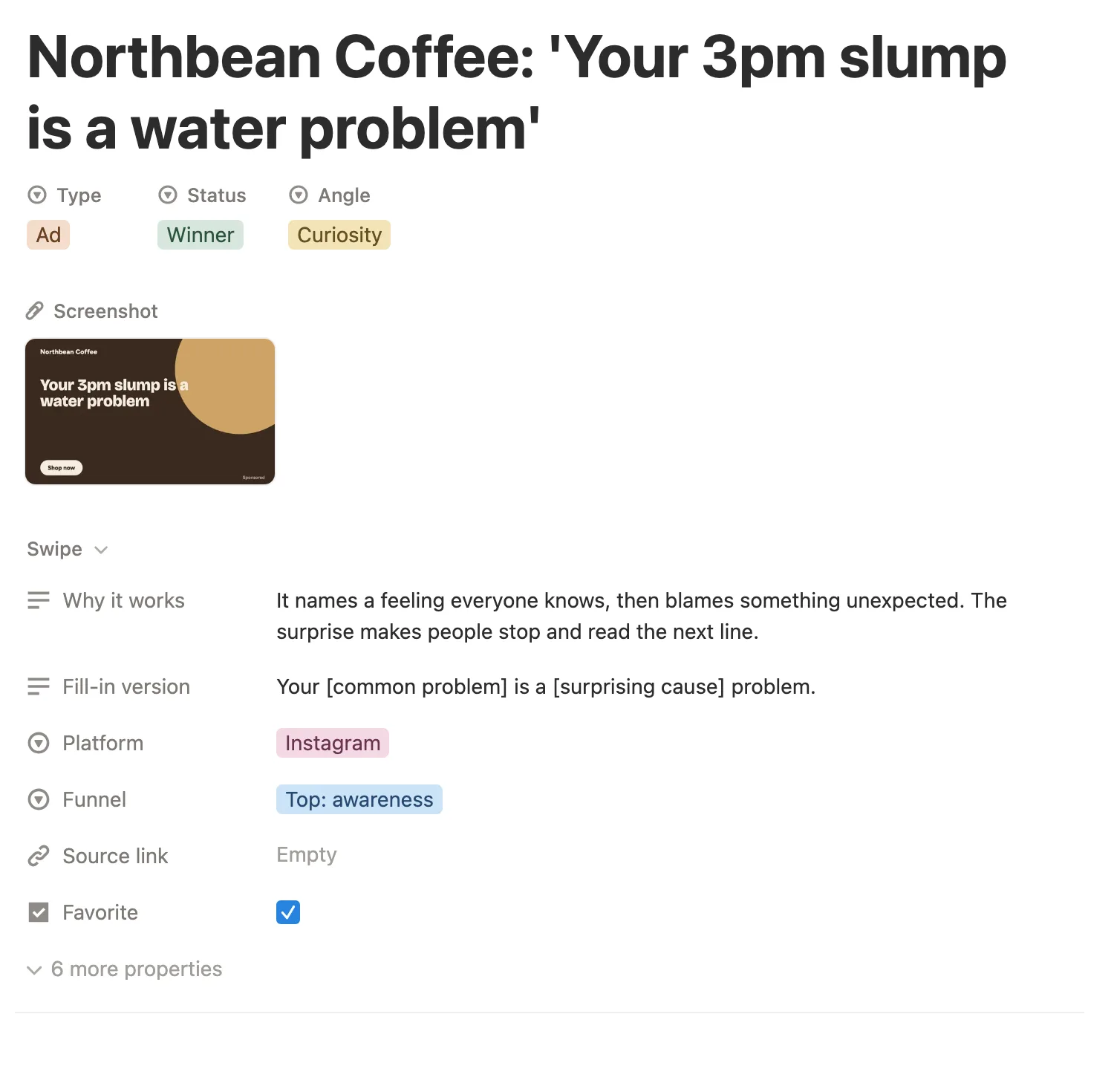A Northbean Coffee ad page with its screenshot, why it works and the fill-in version