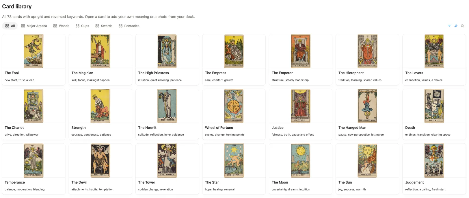 The card library with all 78 cards in the 1909 art and the keywords under each one