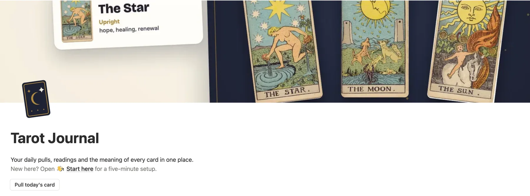The top of the Notion tarot journal with The Star, The Moon and The Sun on its cover