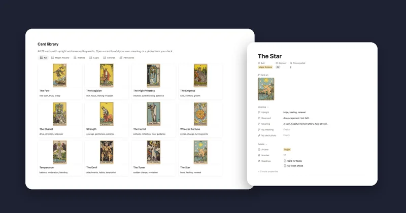 The Tarot Journal card library next to The Star card page with its keywords and meaning