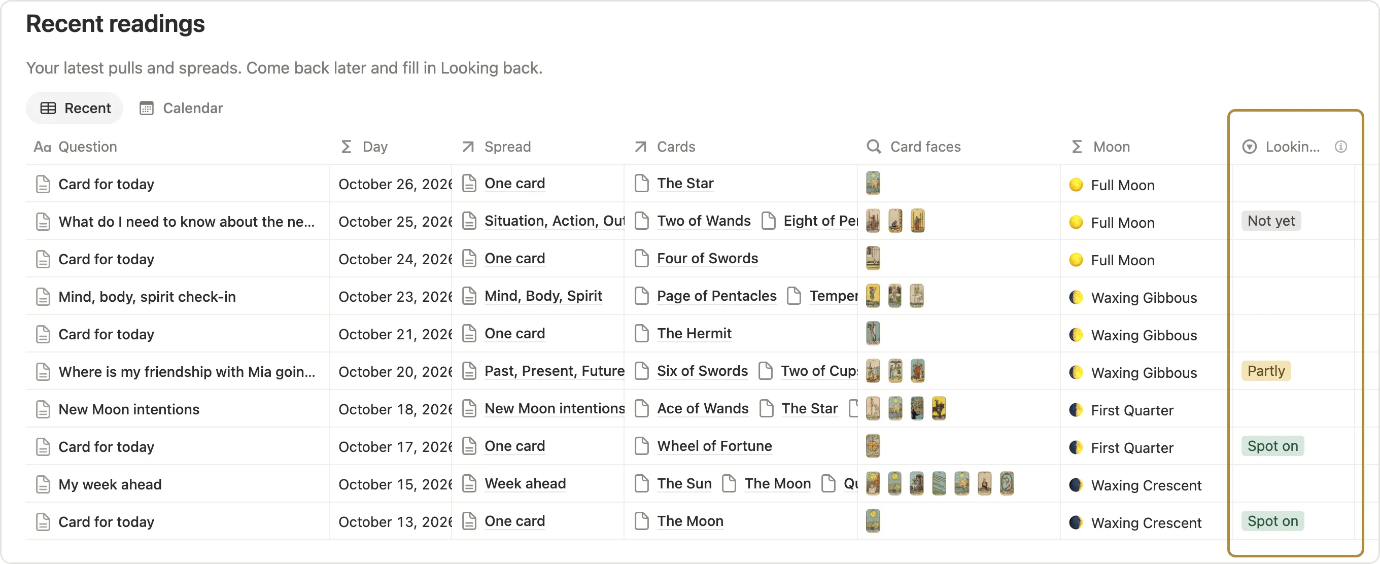The Looking back column marked in Recent readings